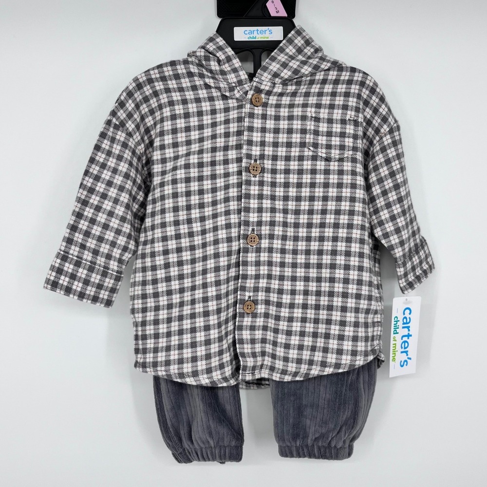 Carter's Child of Mine 2pc Outfit Set Boys 0-3M‎ Grey Plaid Hooded Shirt Pants